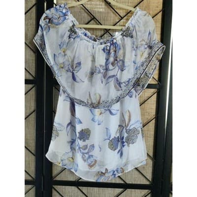 White House Black Market Off The Shoulder Blue White Floral Embroidered Top Sz S - Thumbnail 2