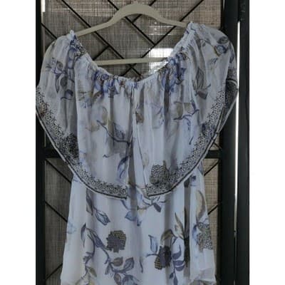 White House Black Market Off The Shoulder Blue White Floral Embroidered Top Sz S - Thumbnail 6