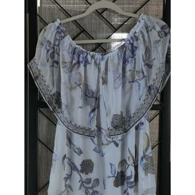 White House Black Market Off The Shoulder Blue White Floral Embroidered Top Sz S - Thumbnail 3