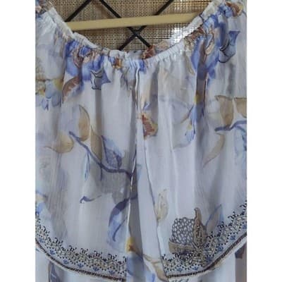 White House Black Market Off The Shoulder Blue White Floral Embroidered Top Sz S - Thumbnail 7