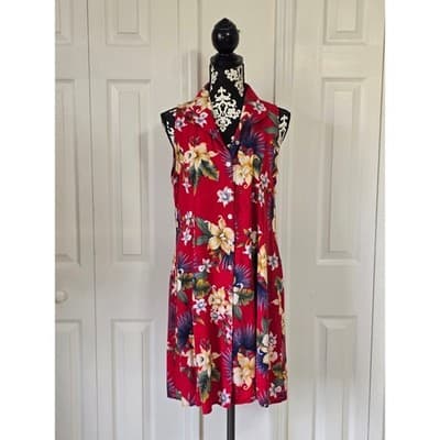 Impressions Workshop Womens Red Blue Floral Print Button Up Dress Size L - Image 1