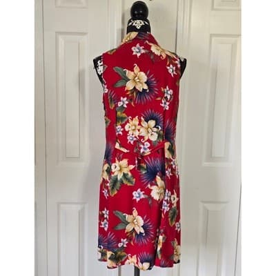 Impressions Workshop Womens Red Blue Floral Print Button Up Dress Size L - Thumbnail 2