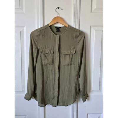 Women H&M Olive Green Long Sleeve Button Up Shirt Tunic Top - Thumbnail 11