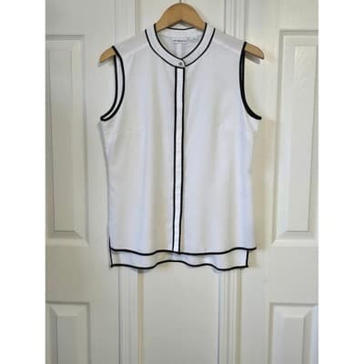 Liz Claiborne Sleeveless Shell Top White Black Trim Mandarin Collar Women Casual - Thumbnail 8