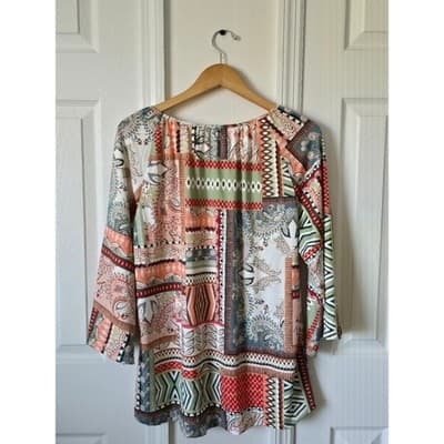 Tacera Patchwork Boho Tunic Top 3/4 Sleeve Boat Neck Geometric Paisley Print - Thumbnail 11