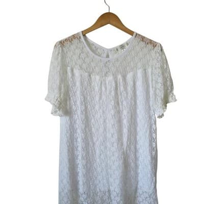 Women Shannon Ford NY XL White Lace Top Short Sleeve Keyhole Back Blouse - Thumbnail 2
