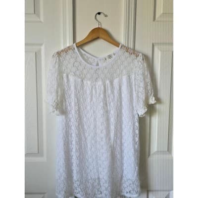 Women Shannon Ford NY XL White Lace Top Short Sleeve Keyhole Back Blouse - Thumbnail 9