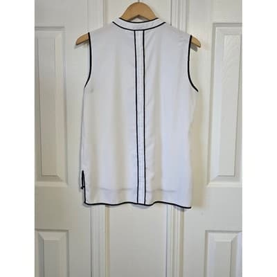 Liz Claiborne Sleeveless Shell Top White Black Trim Mandarin Collar Women Casual - Thumbnail 2