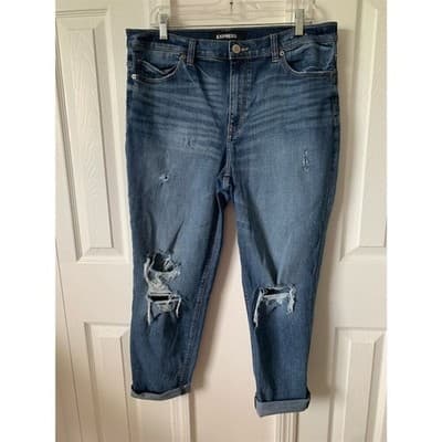 Express Women's Size 12 High-Rise Distressed Girlfriend Jeans Blue - Thumbnail 11