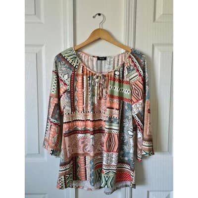 Tacera Patchwork Boho Tunic Top 3/4 Sleeve Boat Neck Geometric Paisley Print - Image 1
