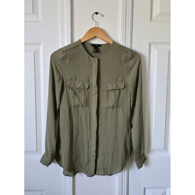 Women H&M Olive Green Long Sleeve Button Up Shirt Tunic Top - Image 1