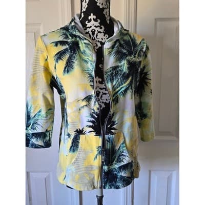 Womens Onque Casual Tropical Palm Tree 3/4 Sleeve Zip Up Hoodie Yellow Green - Image 1