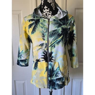 Womens Onque Casual Tropical Palm Tree 3/4 Sleeve Zip Up Hoodie Yellow Green - Thumbnail 13