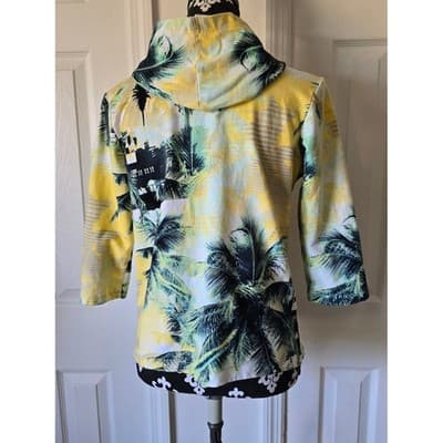 Womens Onque Casual Tropical Palm Tree 3/4 Sleeve Zip Up Hoodie Yellow Green - Thumbnail 11