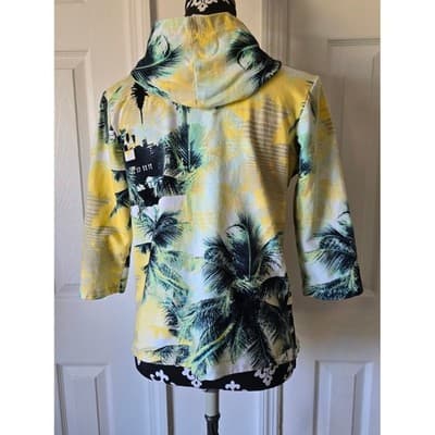 Womens Onque Casual Tropical Palm Tree 3/4 Sleeve Zip Up Hoodie Yellow Green - Thumbnail 2