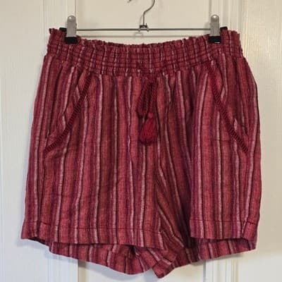 BRIGGS Red Stripe Linen Blend Pull On Shorts Women's Size M Smocked Waist Tassel - Thumbnail 10