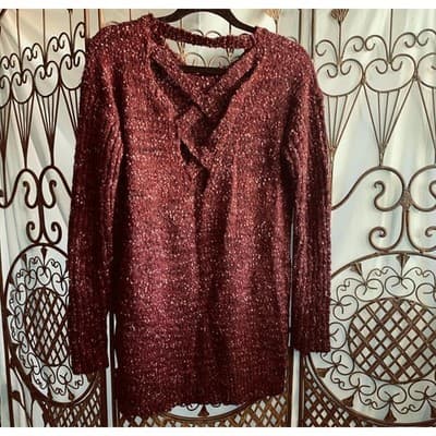 Xhilaration Burgundy Speckled Knit V Neck Criss Cross Back Sweater M - Thumbnail 2