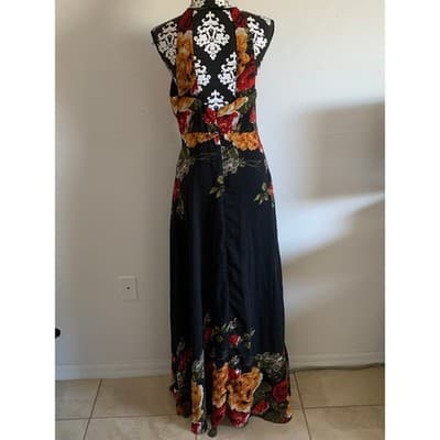 SHEIN Floral Maxi Dress Halter Neck Black Red Yellow Orange XL XL - Thumbnail 2
