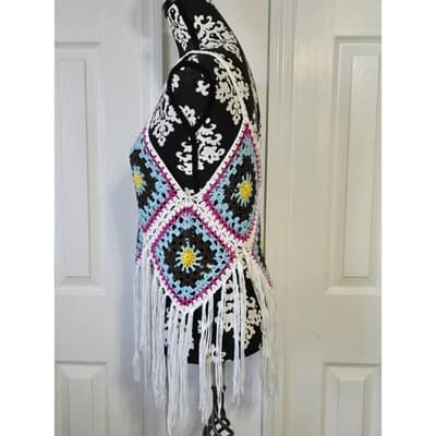 Rebellion Crochet Fringe Tank Top Boho Festival Sun Flower Blue White Pink S - Thumbnail 8