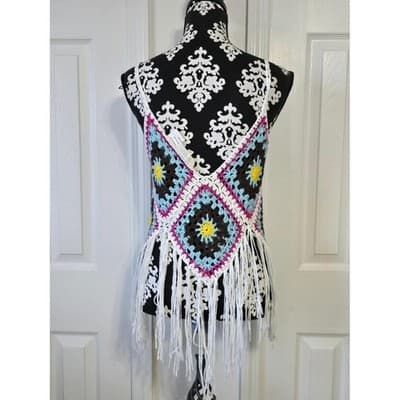 Rebellion Crochet Fringe Tank Top Boho Festival Sun Flower Blue White Pink S - Image 1