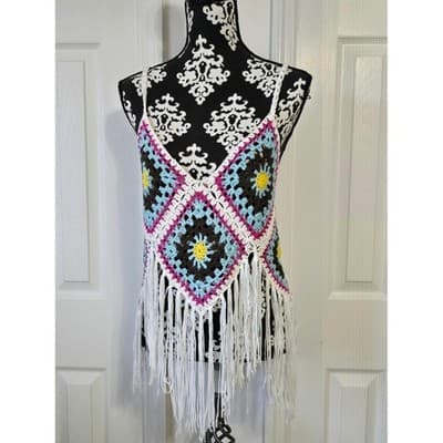 Rebellion Crochet Fringe Tank Top Boho Festival Sun Flower Blue White Pink S - Thumbnail 2