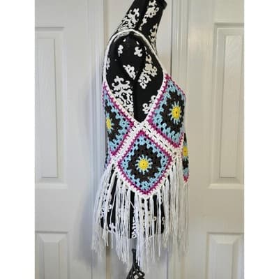Rebellion Crochet Fringe Tank Top Boho Festival Sun Flower Blue White Pink S - Thumbnail 7