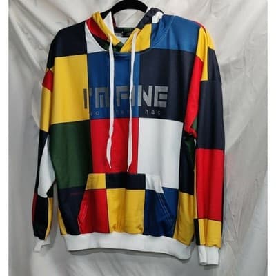 Sample Teat Mens Patchwork Colorblock Hoodie I'M FINE Graphic Pullover - Thumbnail 8