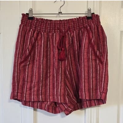 BRIGGS Red Stripe Linen Blend Pull On Shorts Women's Size M Smocked Waist Tassel - Thumbnail 2