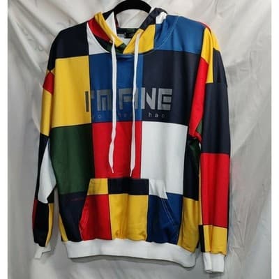 Sample Teat Mens Patchwork Colorblock Hoodie I'M FINE Graphic Pullover - Image 1