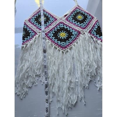 Rebellion Crochet Fringe Tank Top Boho Festival Sun Flower Blue White Pink S - Thumbnail 6