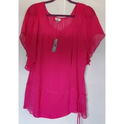 Worthington Woman 1X Bright Pink Butterfly Sleeve Sheer Blouse Tunic Top - Thumbnail 11