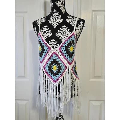 Rebellion Crochet Fringe Tank Top Boho Festival Sun Flower Blue White Pink S - Thumbnail 9