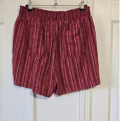 BRIGGS Red Stripe Linen Blend Pull On Shorts Women's Size M Smocked Waist Tassel - Thumbnail 9
