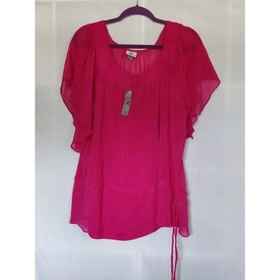Worthington Woman 1X Bright Pink Butterfly Sleeve Sheer Blouse Tunic Top - Image 1