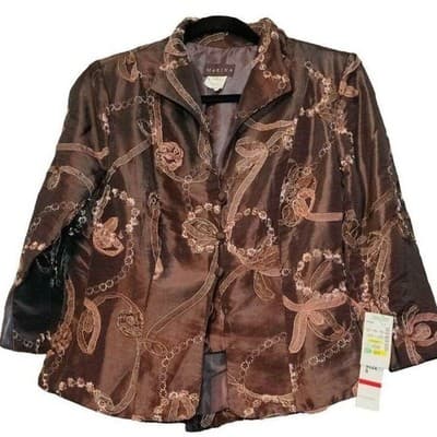 Marina Women's Brown Ribbon Floral Embroidered Jacket Size 8 - Image 1