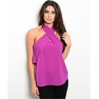 L Magenta Crisscross Halter Open Back Beaded Trim Top Women Sleeveless Blouse - Image 1