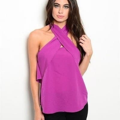 L Magenta Crisscross Halter Open Back Beaded Trim Top Women Sleeveless Blouse - Thumbnail 3