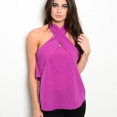 M Magenta Crisscross Halter Open Back Beaded Trim Top Women Sleeveless Blouse - Thumbnail 3