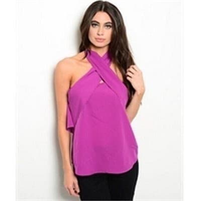 S Magenta Crisscross Halter Open Back Beaded Trim Top Women Sleeveless Blouse - Image 1