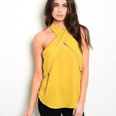 L Mustard Yellow Halter Top Cross Neck Studded Backless Sleeveless Blouse - Thumbnail 2