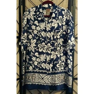 Pineapple Connection Mens Hawaiian Shirt Navy Blue White Hibiscus Rayon Large - Thumbnail 12