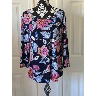 Ruby Rd Plus Size L Navy Floral Print Long Sleeve Tunic Top - Thumbnail 11