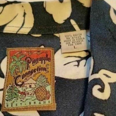 Pineapple Connection Mens Hawaiian Shirt Navy Blue White Hibiscus Rayon Large - Thumbnail 3