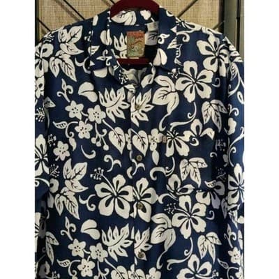Pineapple Connection Mens Hawaiian Shirt Navy Blue White Hibiscus Rayon Large - Image 1
