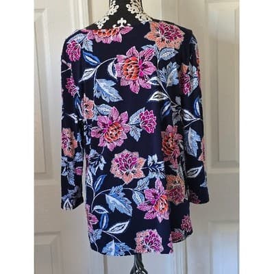 Ruby Rd Plus Size L Navy Floral Print Long Sleeve Tunic Top - Thumbnail 2
