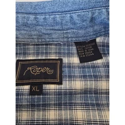 Roper Mens Plaid Long Sleeve Button Down Shirt Denim Collar XL - Thumbnail 3