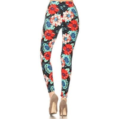 Reg One Size Women Buttery Soft Painted Floral Leggings - Thumbnail 5