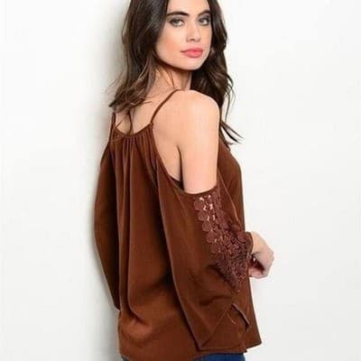 Medium Womens Va Va by Joy Han Brown Cold Shoulder Blouse - Thumbnail 2