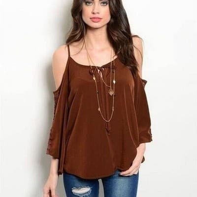Medium Womens Va Va by Joy Han Brown Cold Shoulder Blouse - Image 1