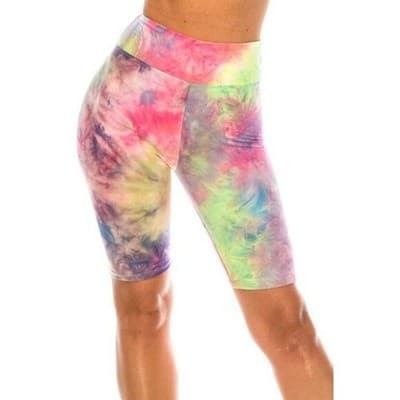 L/XL Tie Dye High Waisted Biker Shorts - 3 Inch Waist Pink/Yellow - Image 1